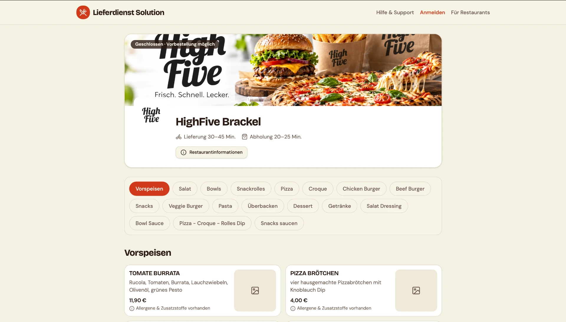 OrderMa-Bestellshop von Lieferdienst Solution im Browser