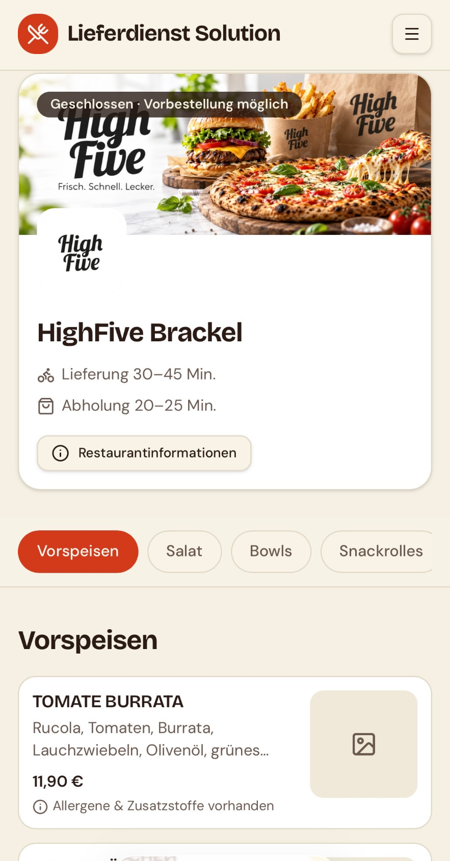 OrderMa-Bestellshop von Lieferdienst Solution auf dem Smartphone