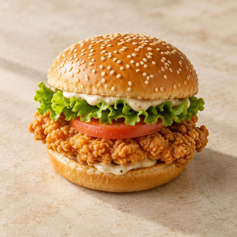 Chicken Burger mit knusprigem Hähnchen, Salat, Tomate und Sauce