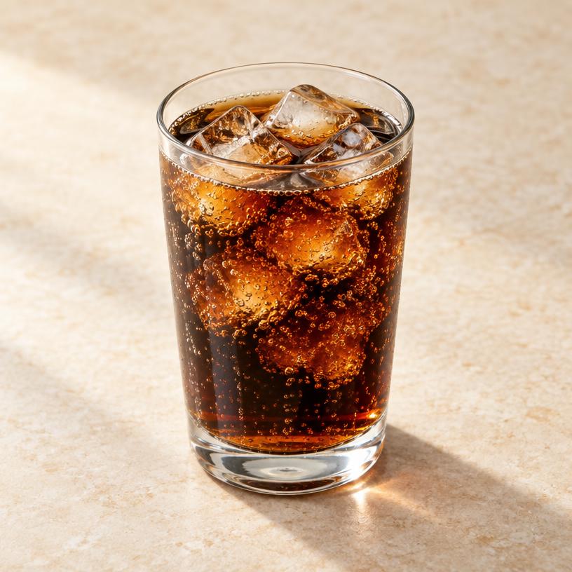 Glas mit Cola, Eiswürfeln und Kohlensäure