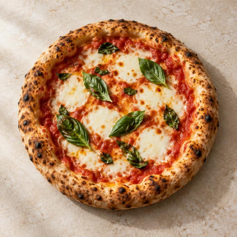 Pizza Margherita mit Tomatensauce, Mozzarella und Basilikum