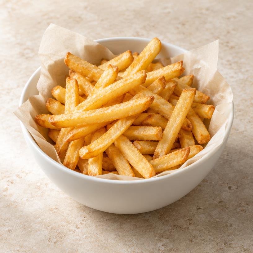 Goldgelbe Pommes in einer weißen Schale