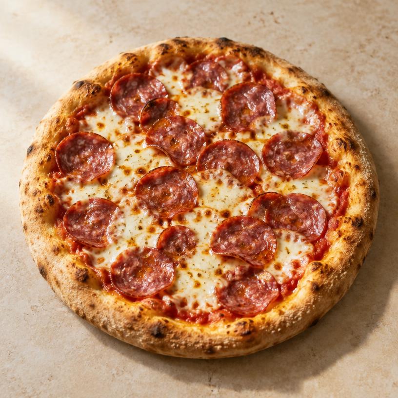 Pizza Salami mit Tomatensauce, Mozzarella und Salamischeiben