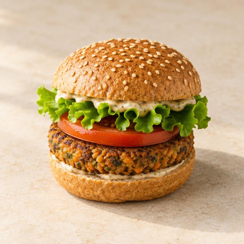 Veggie Burger mit Gemüse-Patty, Salat, Tomate und Sauce